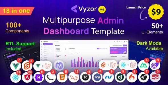 Vyzor 6.0 – 多用途后台管理和仪表板模板 完整版（2.11GB）