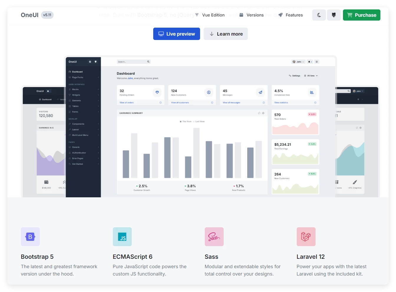 OneUI 5.12 – Bootstrap 5 管理仪表盘模板，Vue 版 & Laravel 11 入门套件