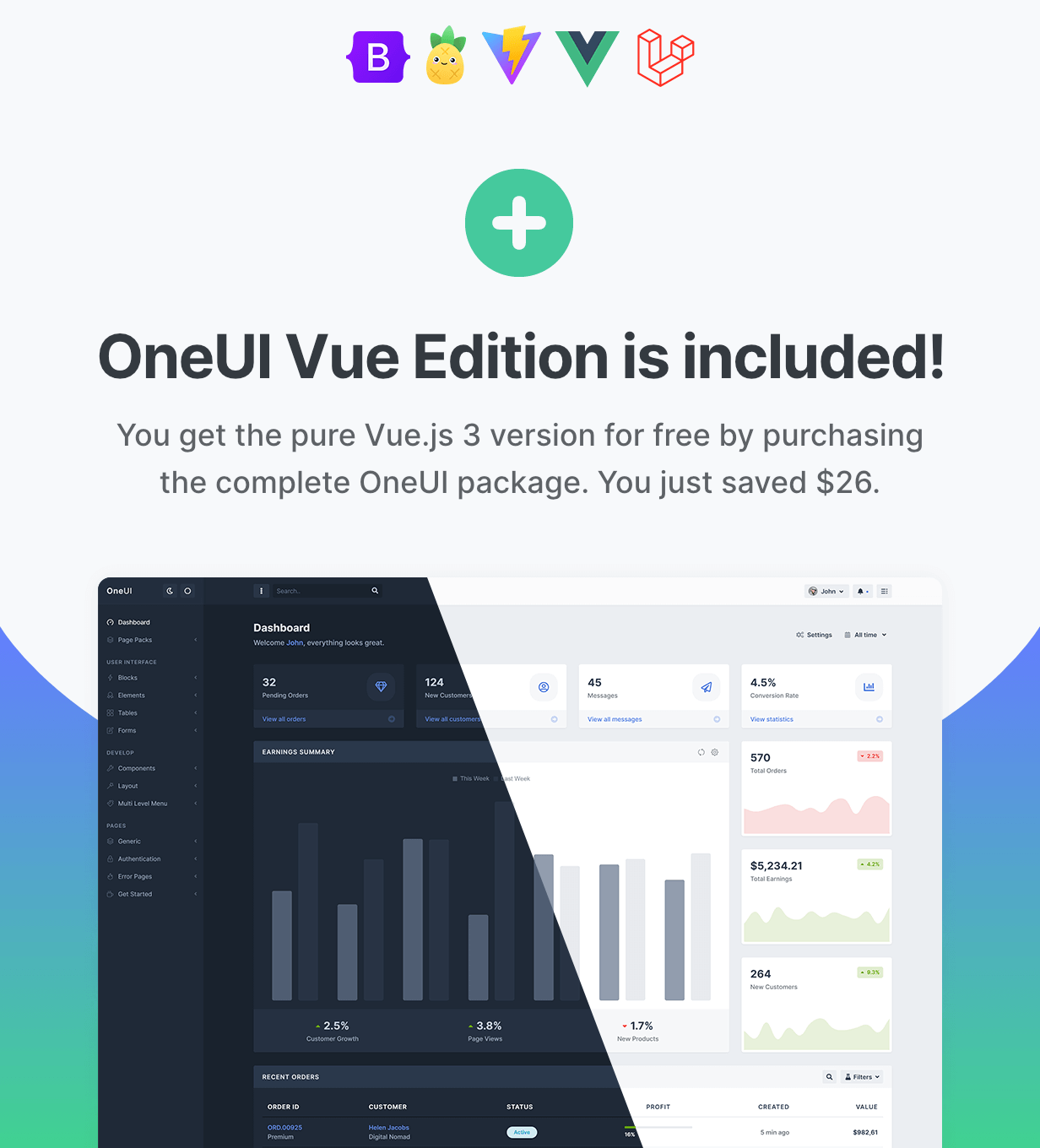 OneUI 5.12 – Bootstrap 5 管理仪表盘模板，Vue 版 & Laravel 11 入门套件